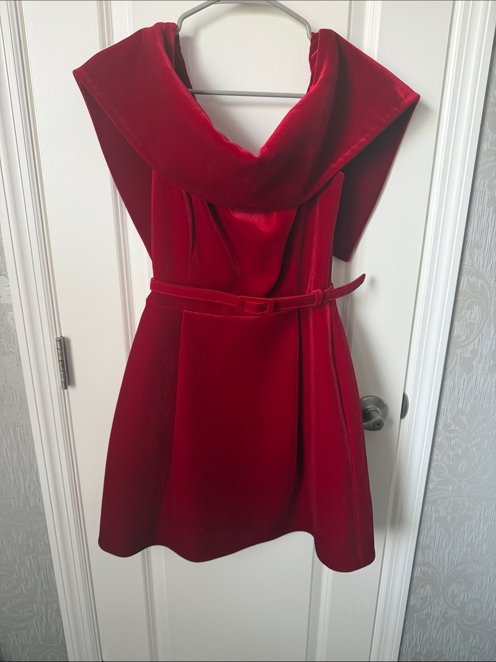 Nadine Merabi CARMEN RED DRESS Red Velvet Belted Fit-and-Flare
